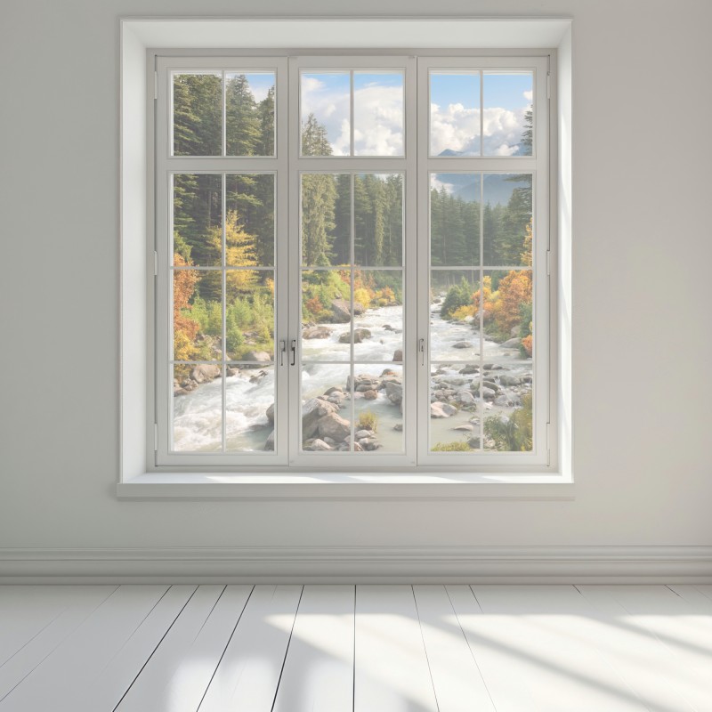 Naklejka na okno jesienny górski krajobraz z rzeką – Wallissimo® Naklejka na okno jesienny górski krajobraz z rzeką – Wallissimo®