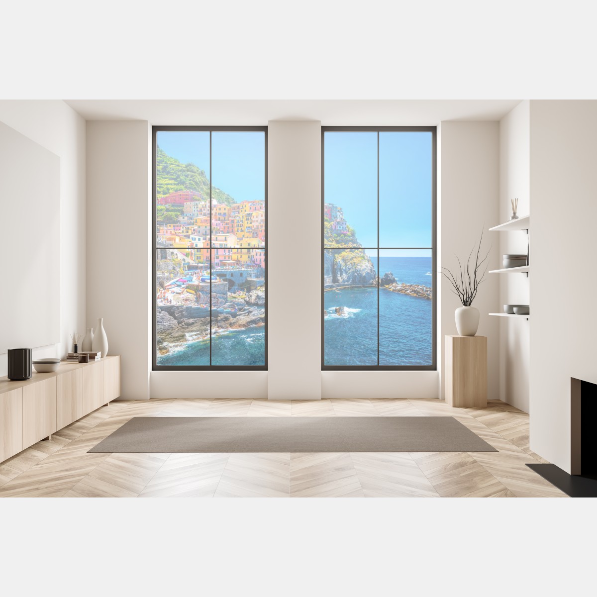 Naklejka na okno kolorowa wioska na klifie nad morzem – Wallissimo® Naklejka na okno kolorowa wioska na klifie nad morzem – Wallissimo®