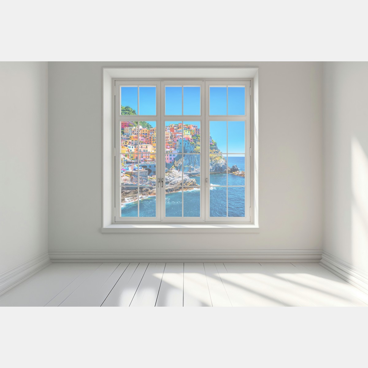 Naklejka na okno kolorowa wioska na klifie nad morzem – Wallissimo® Naklejka na okno kolorowa wioska na klifie nad morzem – Wallissimo®