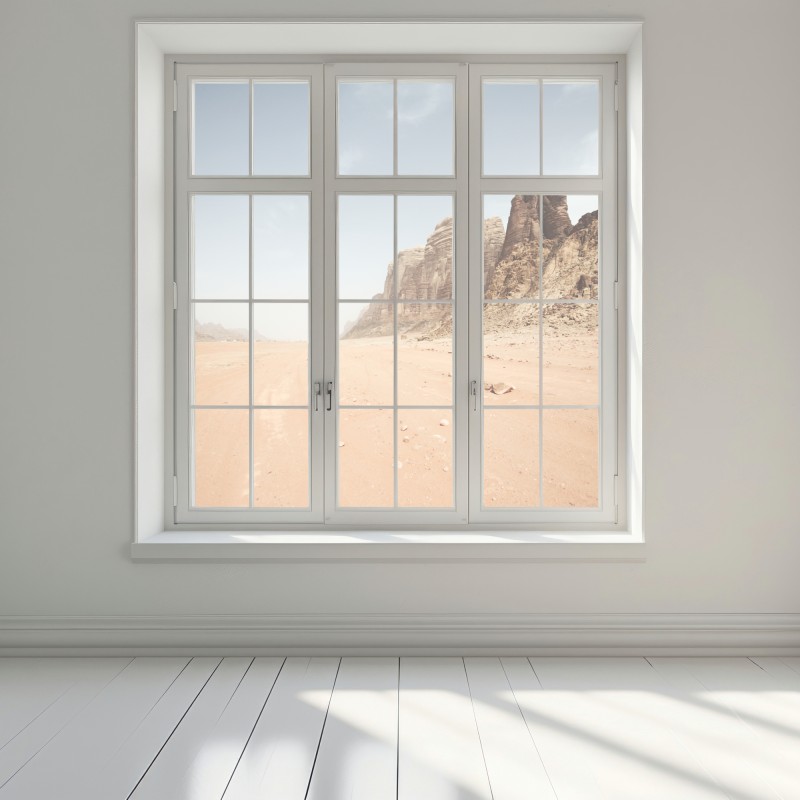 Naklejka na okno rozległa panorama pustyni Wadi Rum, Jordania – Wallissimo® Naklejka na okno rozległa panorama pustyni Wadi Rum, Jordania – Wallissimo®