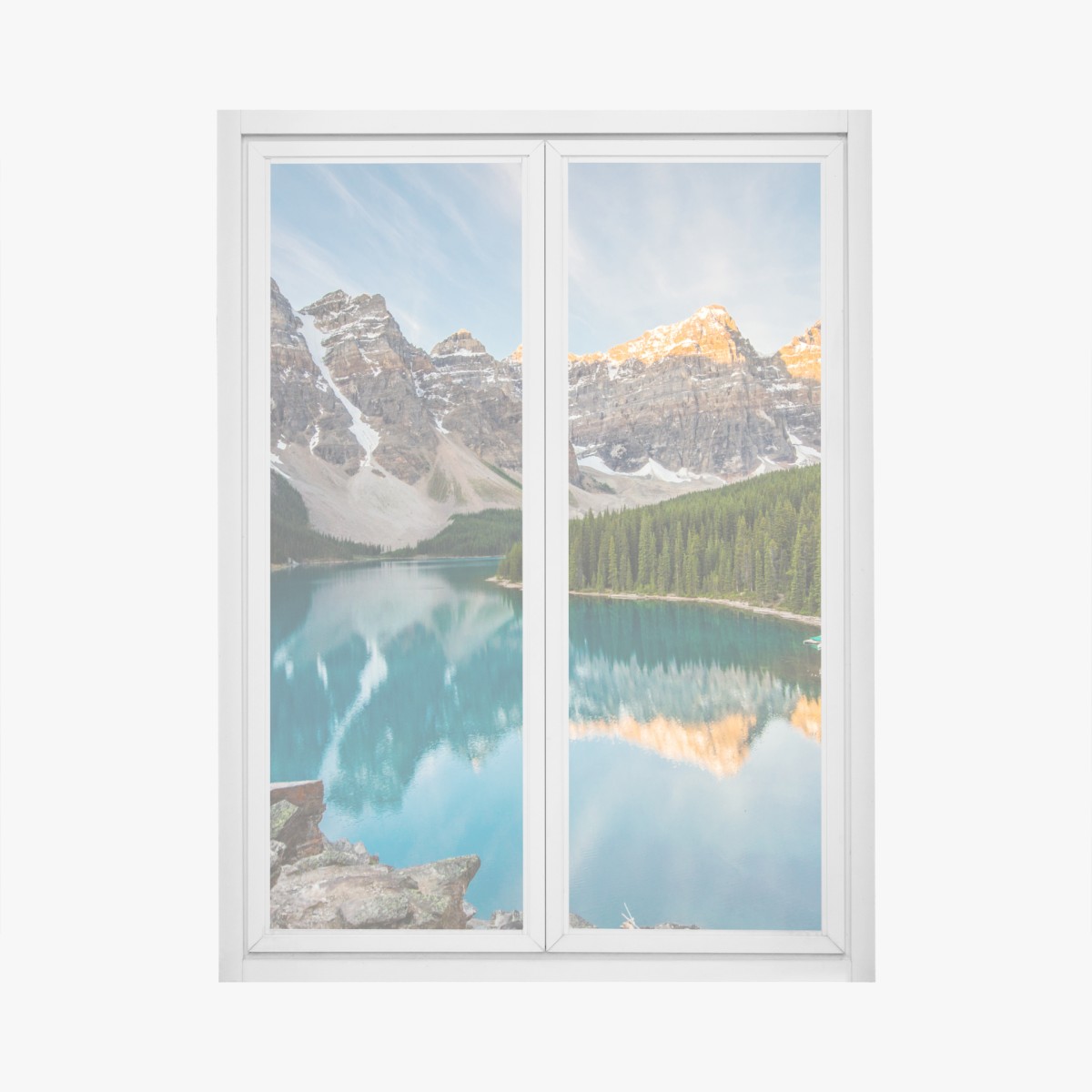 Window decal sunlit alpine lake reflection