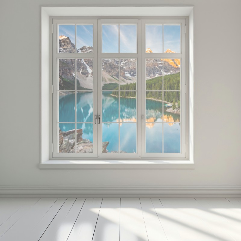 Naklejka na okno alpejskie jezioro o wschodzie słońca – Wallissimo® Naklejka na okno alpejskie jezioro o wschodzie słońca – Wallissimo®