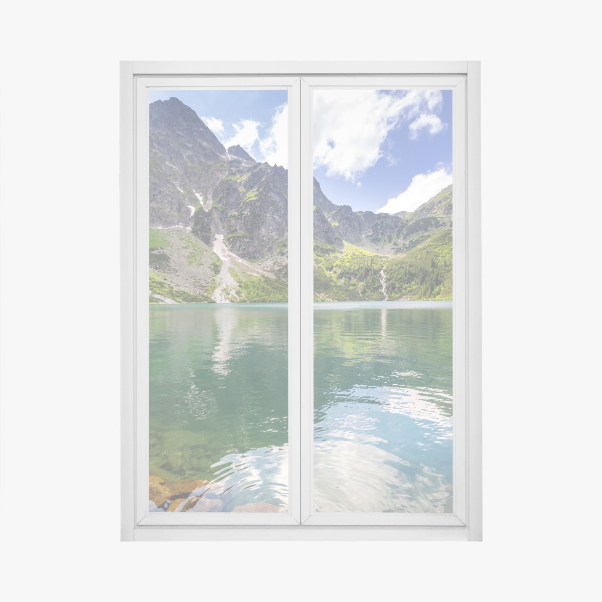 Window decal serene emerald alpine lake with rugged mountain peaks