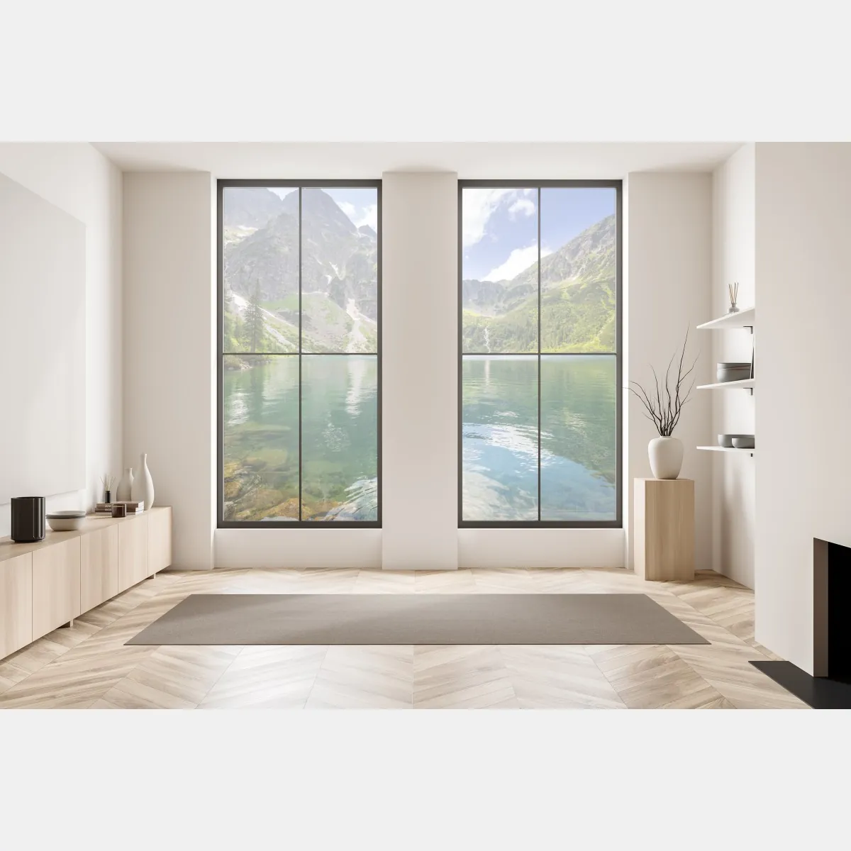 Naklejka na okno spokojne szmaragdowe jezioro górskie ze skalistymi szczytami – Wallissimo® Naklejka na okno spokojne szmaragdowe jezioro górskie ze skalistymi szczytami – Wallissimo®