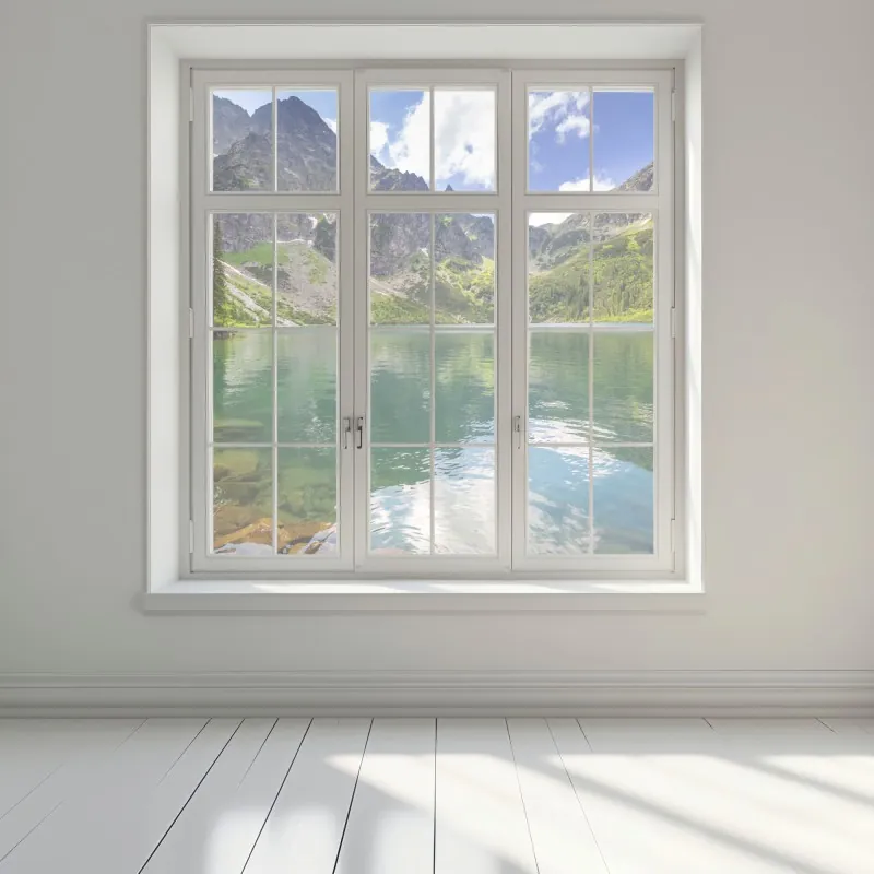 Naklejka na okno spokojne szmaragdowe jezioro górskie ze skalistymi szczytami – Wallissimo® Naklejka na okno spokojne szmaragdowe jezioro górskie ze skalistymi szczytami – Wallissimo®