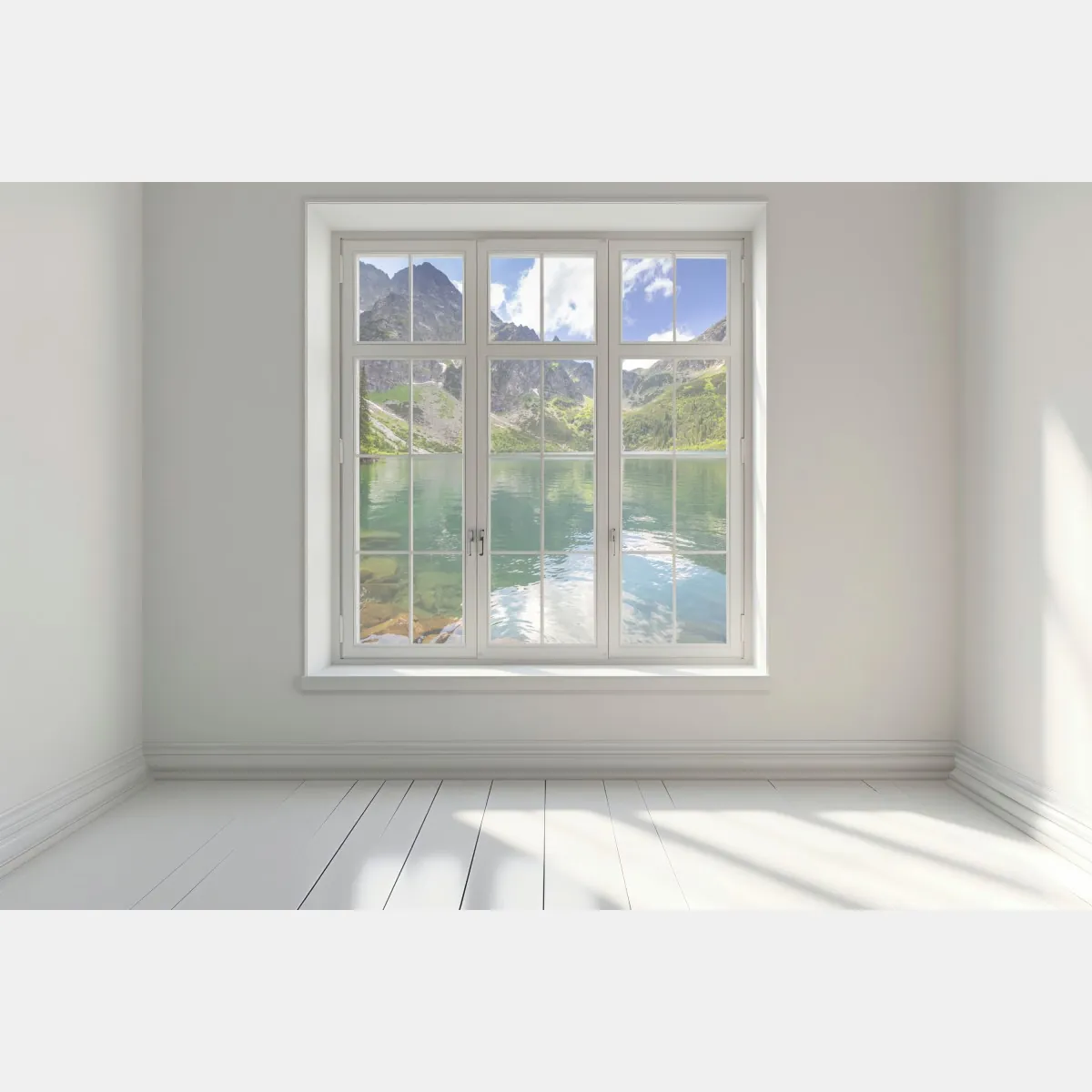 Naklejka na okno spokojne szmaragdowe jezioro górskie ze skalistymi szczytami – Wallissimo® Naklejka na okno spokojne szmaragdowe jezioro górskie ze skalistymi szczytami – Wallissimo®