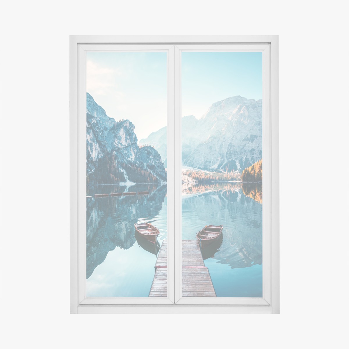 Window decal sunlit dock at Braies Lake, Dolomites
