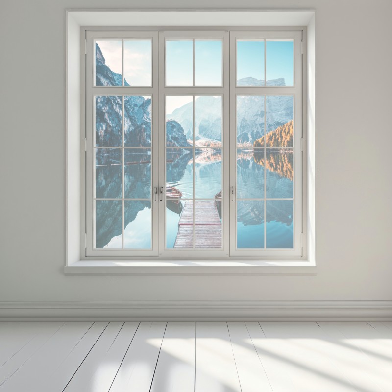 Naklejka na okno spokojny poranek nad jeziorem Braies, Dolomity – Wallissimo® Naklejka na okno spokojny poranek nad jeziorem Braies, Dolomity – Wallissimo®