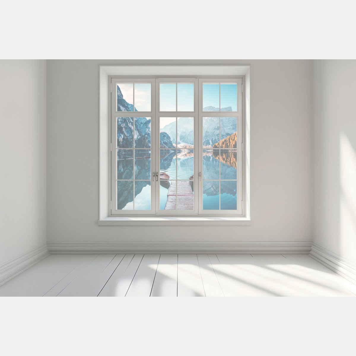 Naklejka na okno spokojny poranek nad jeziorem Braies, Dolomity – Wallissimo® Naklejka na okno spokojny poranek nad jeziorem Braies, Dolomity – Wallissimo®