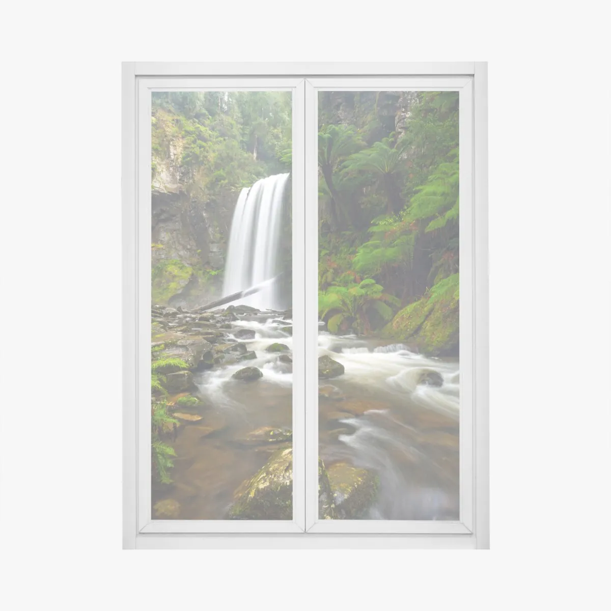 Naklejka na okno lśniący wodospad w lesie pełnym paproci – Wallissimo® Naklejka na okno lśniący wodospad w lesie pełnym paproci – Wallissimo®