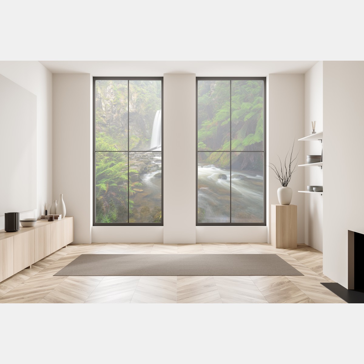 Naklejka na okno lśniący wodospad w lesie pełnym paproci – Wallissimo® Naklejka na okno lśniący wodospad w lesie pełnym paproci – Wallissimo®