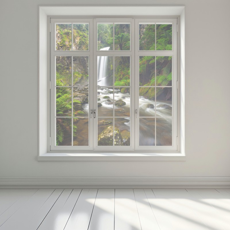 Naklejka na okno lśniący wodospad w lesie pełnym paproci – Wallissimo® Naklejka na okno lśniący wodospad w lesie pełnym paproci – Wallissimo®
