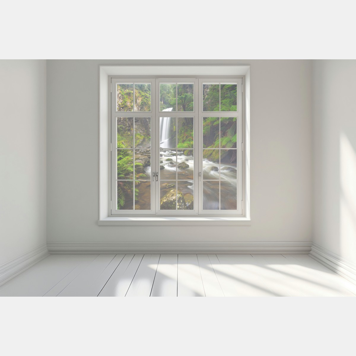 Naklejka na okno lśniący wodospad w lesie pełnym paproci – Wallissimo® Naklejka na okno lśniący wodospad w lesie pełnym paproci – Wallissimo®