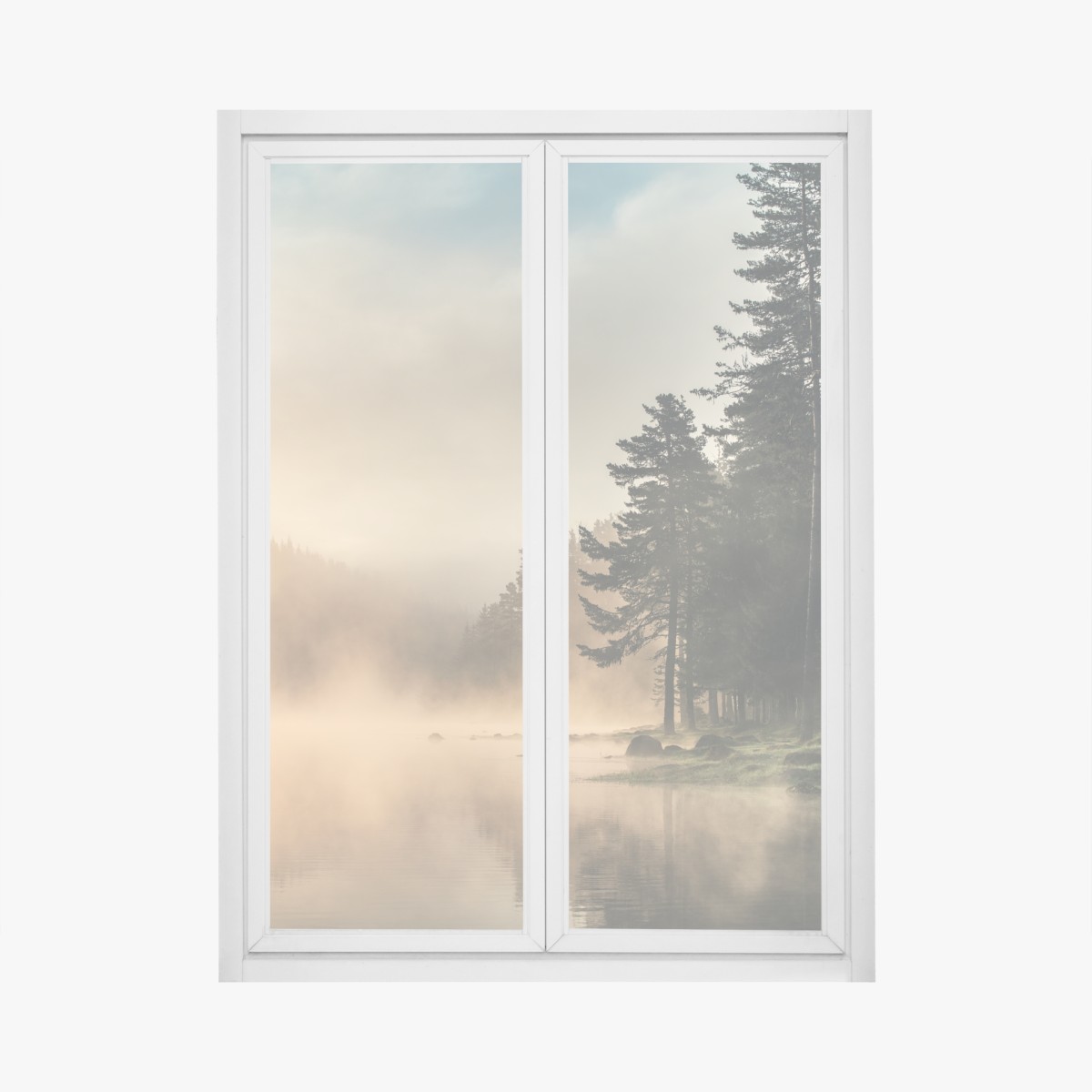 Window decal misty sunrise over forest lake