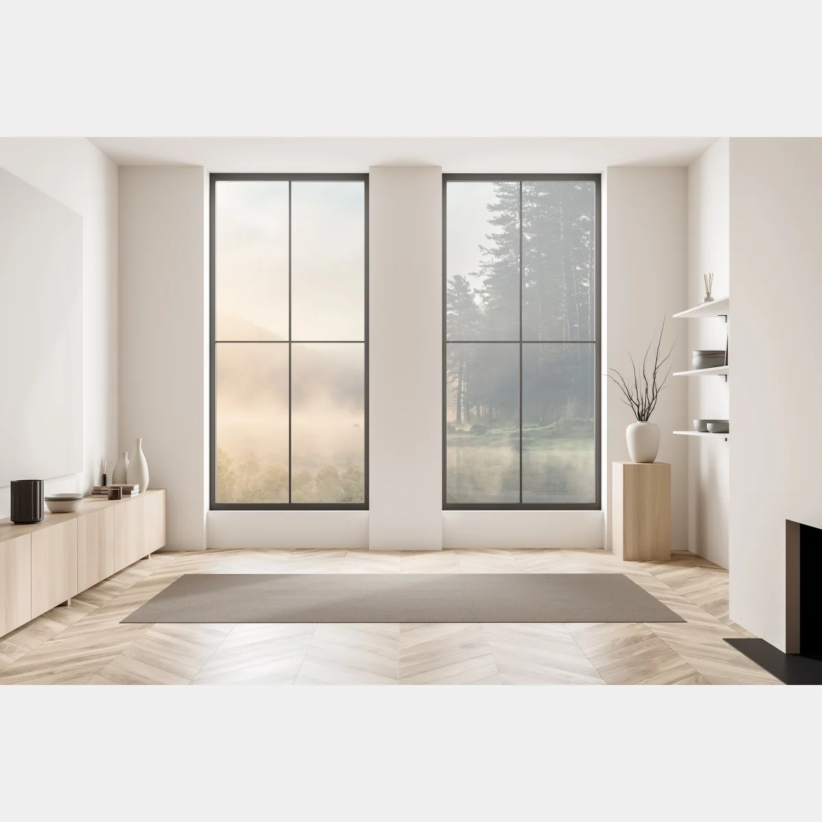 Naklejka na okno mglisty wschód słońca nad leśnym jeziorem – Wallissimo® Naklejka na okno mglisty wschód słońca nad leśnym jeziorem – Wallissimo®