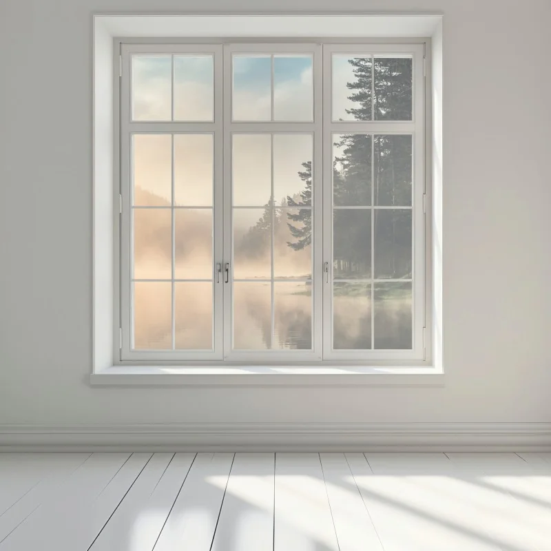 Naklejka na okno mglisty wschód słońca nad leśnym jeziorem – Wallissimo® Naklejka na okno mglisty wschód słońca nad leśnym jeziorem – Wallissimo®