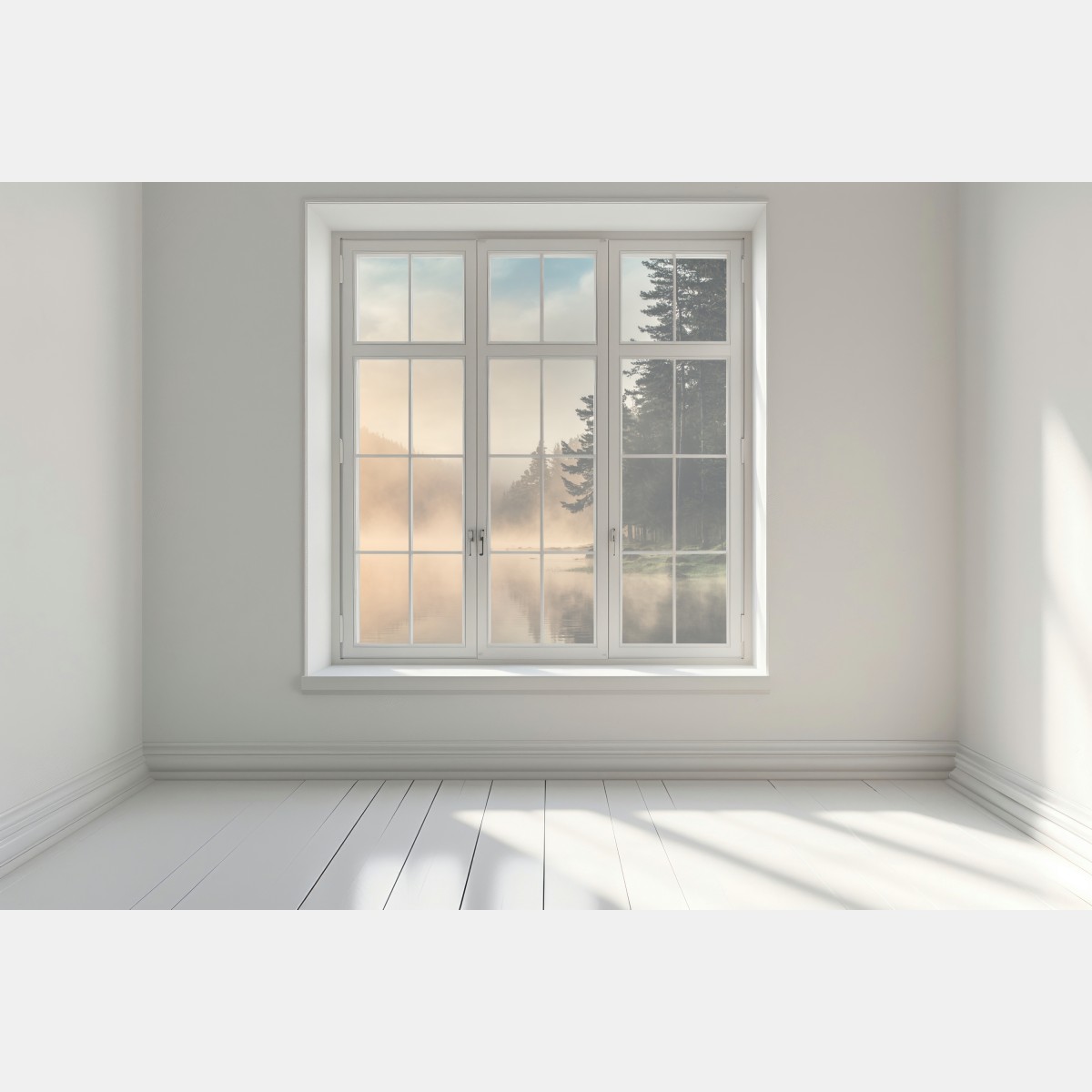 Naklejka na okno mglisty wschód słońca nad leśnym jeziorem – Wallissimo® Naklejka na okno mglisty wschód słońca nad leśnym jeziorem – Wallissimo®