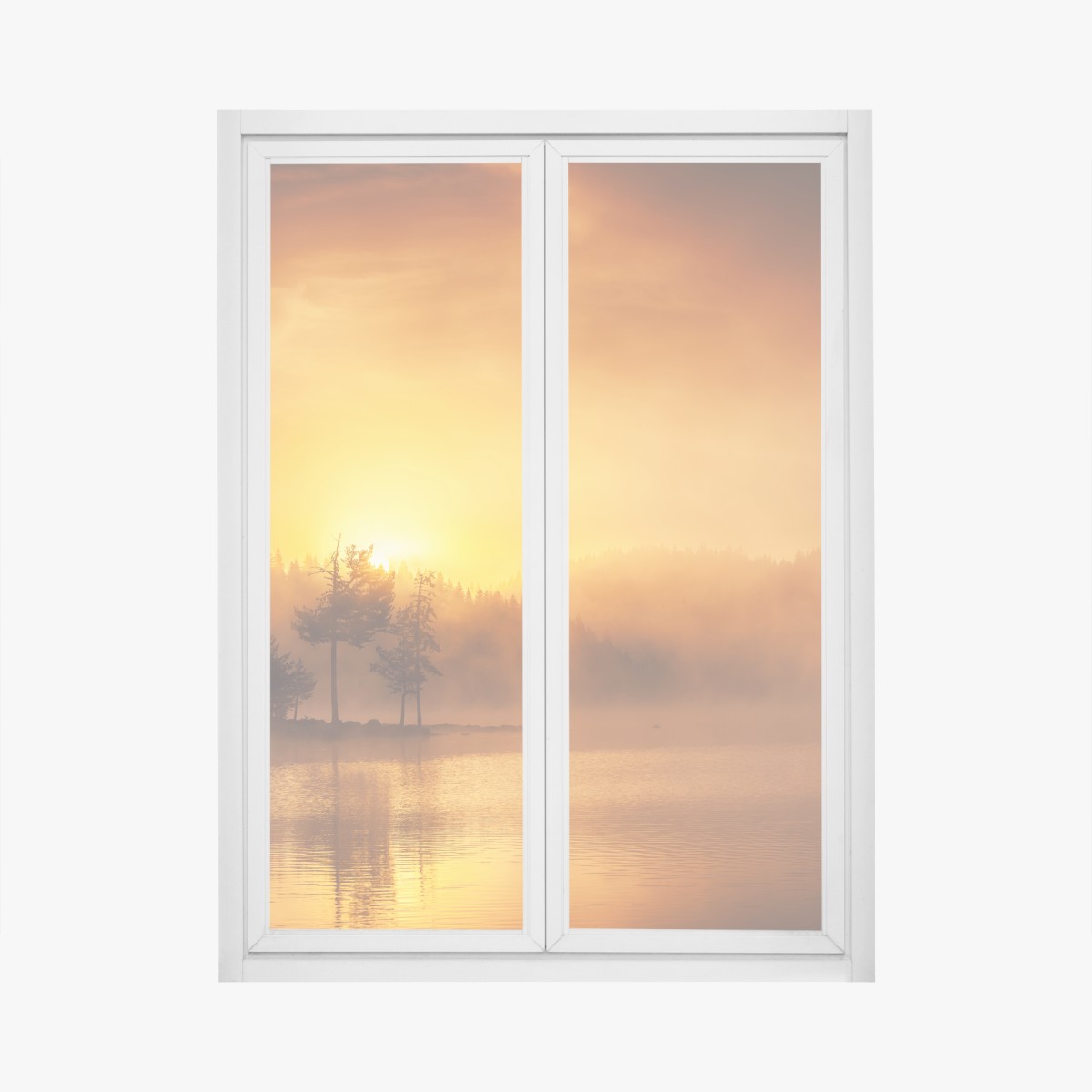 Window decal golden sunrise over a misty lake