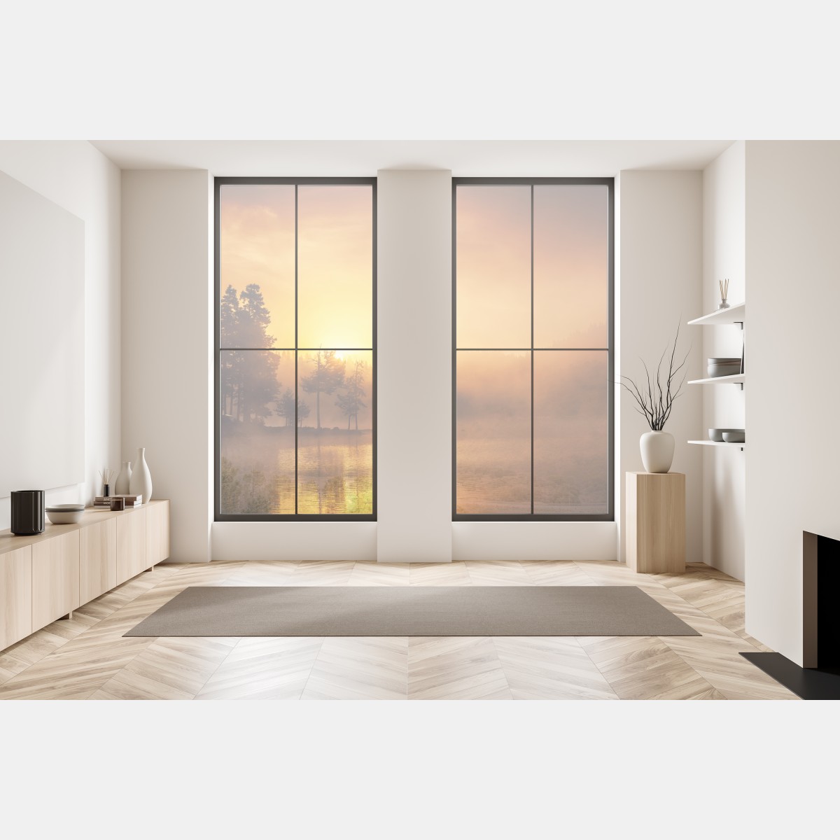 Naklejka na okno złoty wschód słońca nad mglistym jeziorem – Wallissimo® Naklejka na okno złoty wschód słońca nad mglistym jeziorem – Wallissimo®