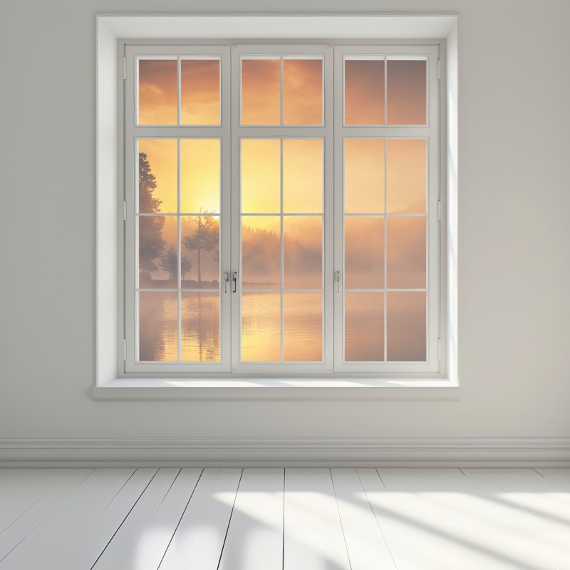 Naklejka na okno złoty wschód słońca nad mglistym jeziorem – Wallissimo® Naklejka na okno złoty wschód słońca nad mglistym jeziorem – Wallissimo®