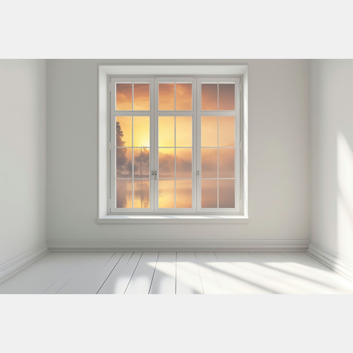 Naklejka na okno złoty wschód słońca nad mglistym jeziorem – Wallissimo® Naklejka na okno złoty wschód słońca nad mglistym jeziorem – Wallissimo®