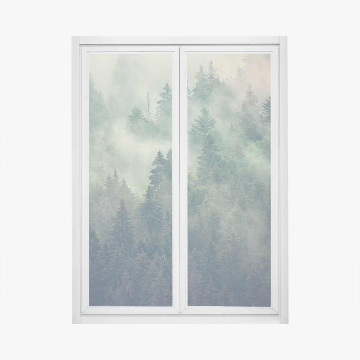 Window decal misty evergreen forest at dawn
