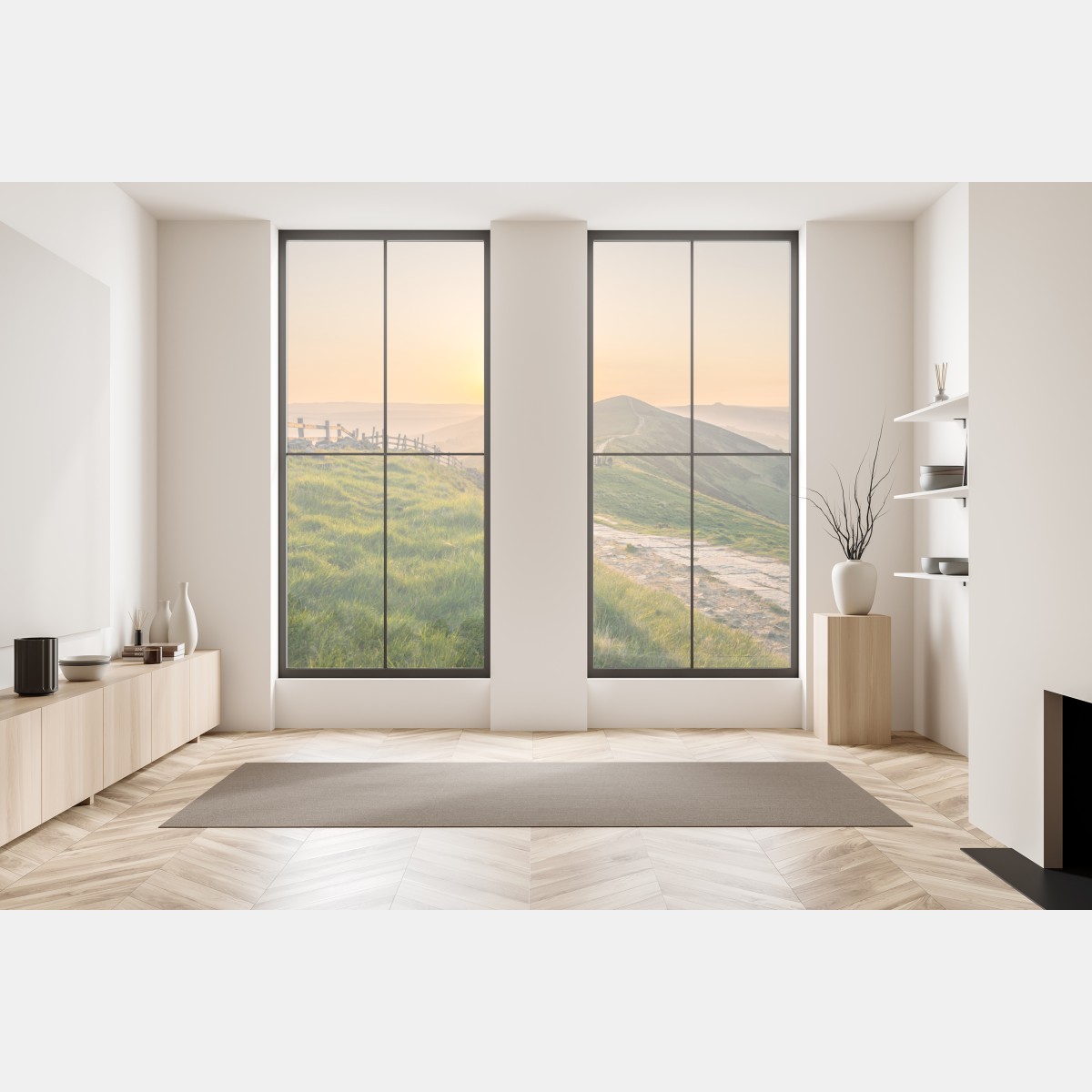 Naklejka na okno wschód słońca nad zielonymi pagórkami – Wallissimo® Naklejka na okno wschód słońca nad zielonymi pagórkami – Wallissimo®