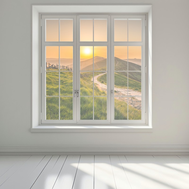 Naklejka na okno wschód słońca nad zielonymi pagórkami – Wallissimo® Naklejka na okno wschód słońca nad zielonymi pagórkami – Wallissimo®