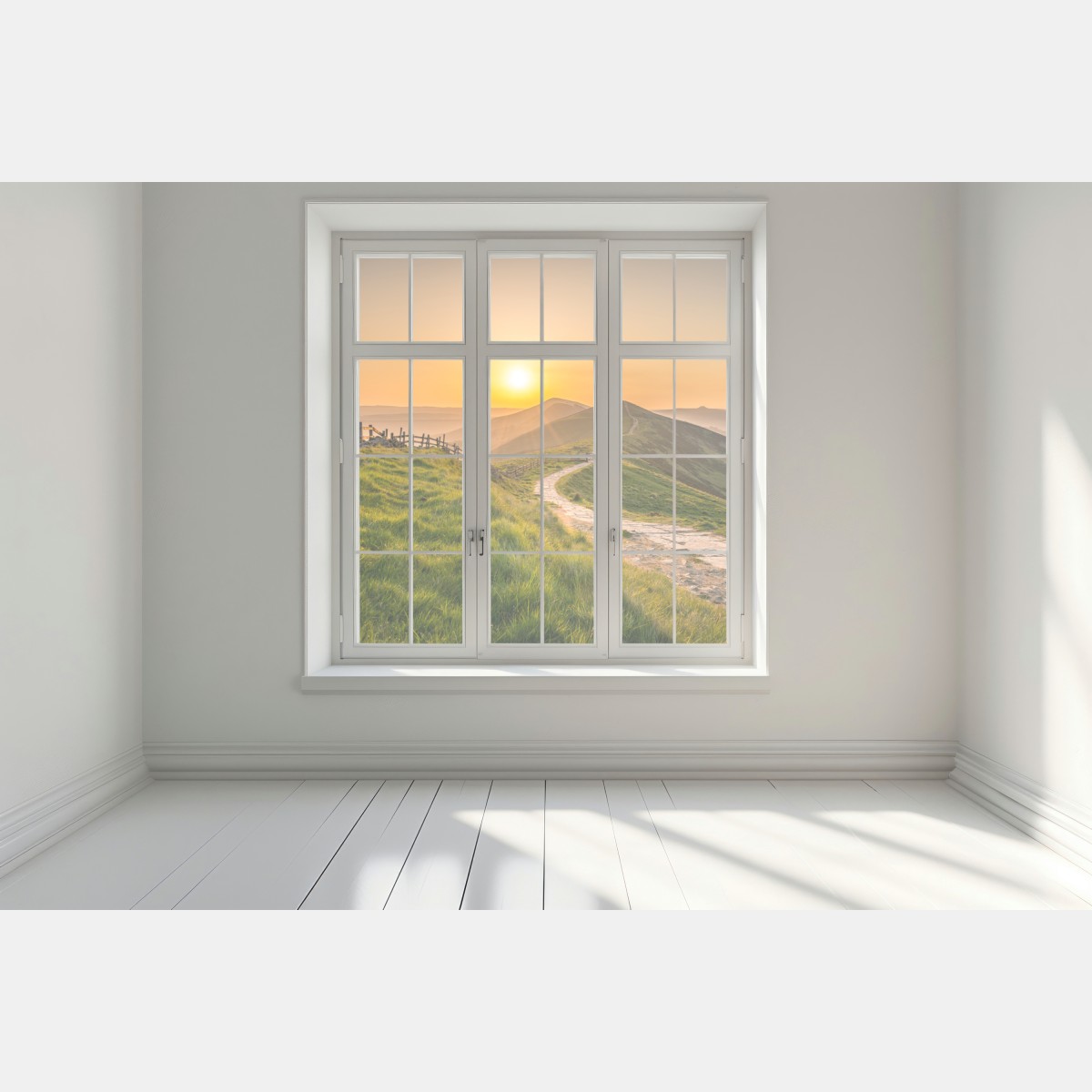 Naklejka na okno wschód słońca nad zielonymi pagórkami – Wallissimo® Naklejka na okno wschód słońca nad zielonymi pagórkami – Wallissimo®