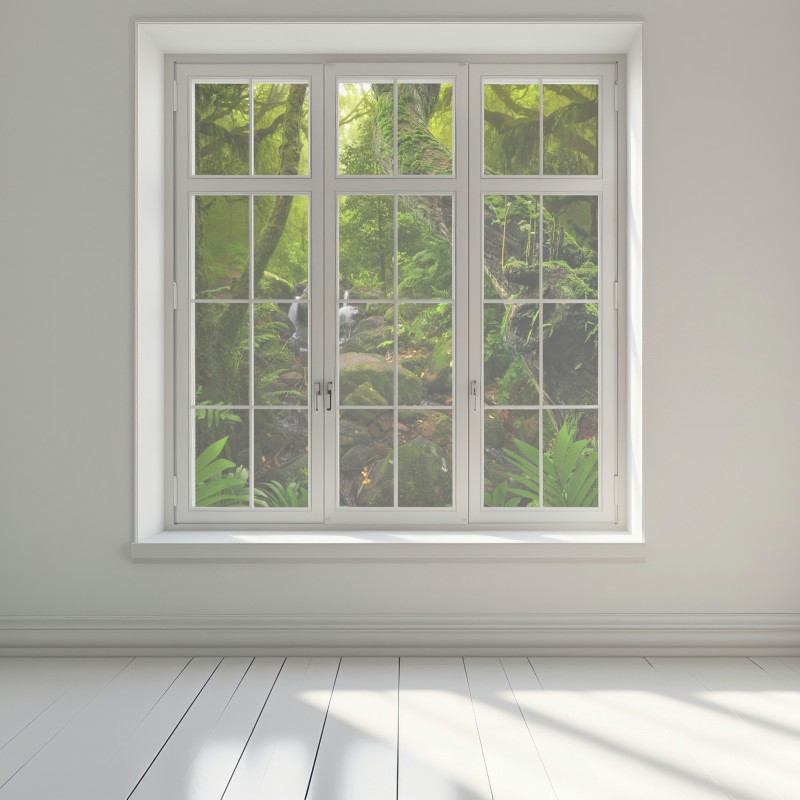 Naklejka na okno mchy i strumień w porannym świetle – Wallissimo® Naklejka na okno mchy i strumień w porannym świetle – Wallissimo®