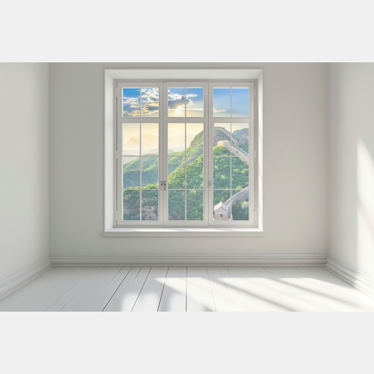 Naklejka na okno Wielki Mur o świcie nad zielonymi górami – Wallissimo® Naklejka na okno Wielki Mur o świcie nad zielonymi górami – Wallissimo®