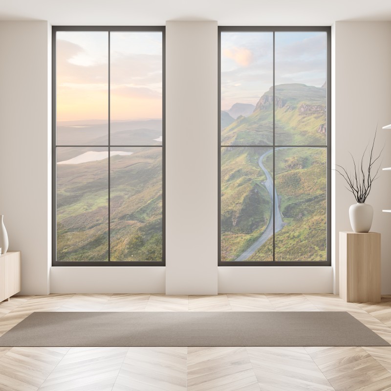 Naklejka na okno słoneczna łąka z mniszkami i błękitnym niebem – Wallissimo®