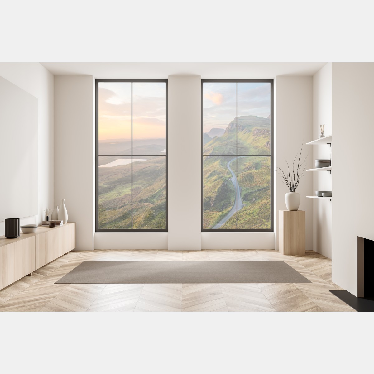 Naklejka na okno zachód słońca nad zielonymi wzgórzami – Wallissimo® Naklejka na okno zachód słońca nad zielonymi wzgórzami – Wallissimo®