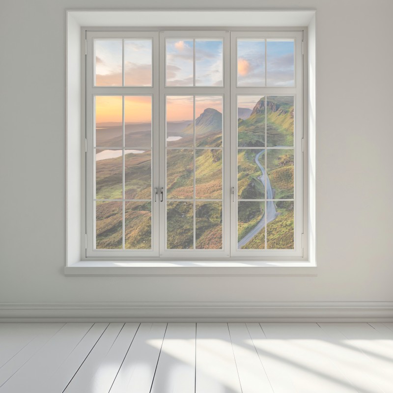 Naklejka na okno zachód słońca nad zielonymi wzgórzami – Wallissimo® Naklejka na okno zachód słońca nad zielonymi wzgórzami – Wallissimo®