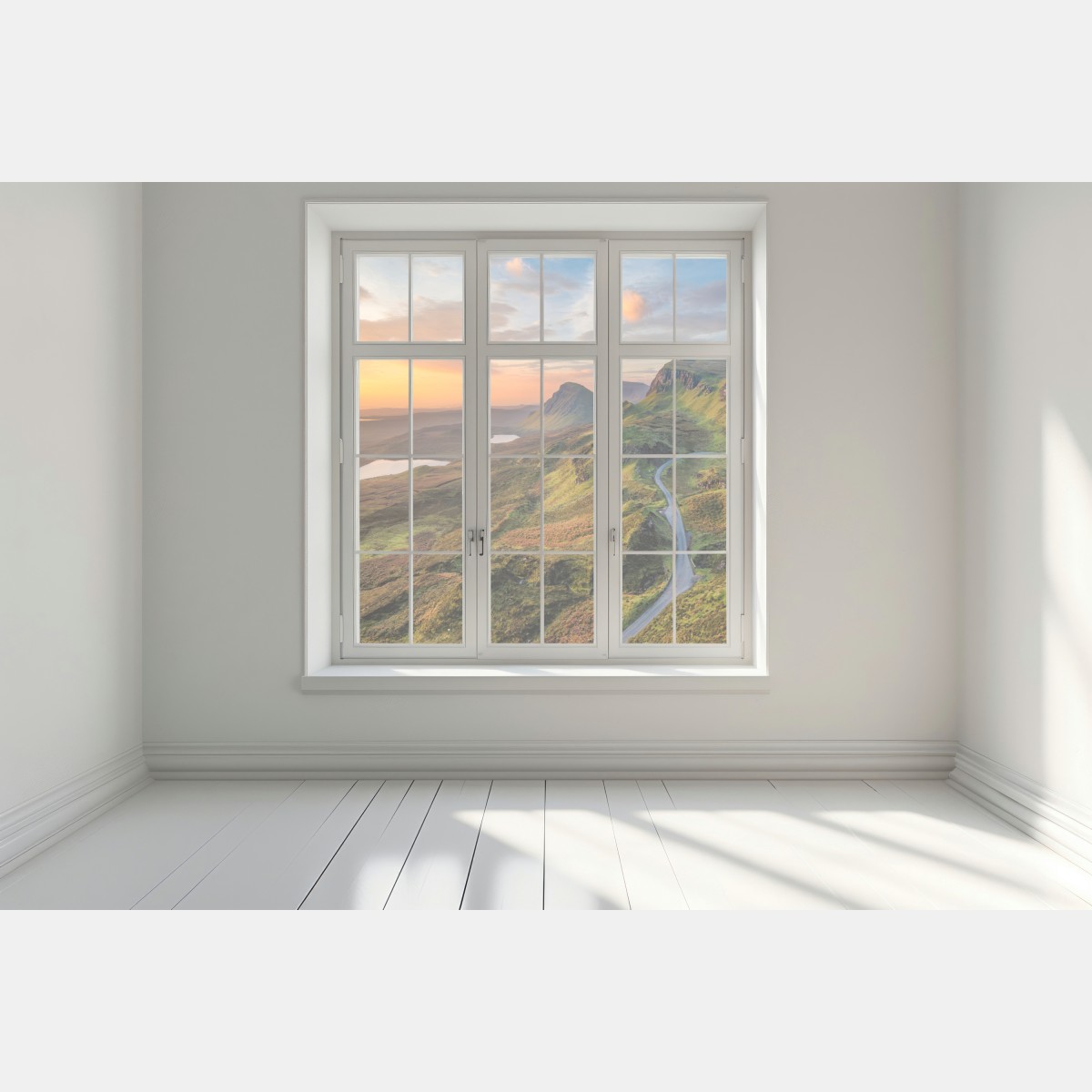 Naklejka na okno zachód słońca nad zielonymi wzgórzami – Wallissimo® Naklejka na okno zachód słońca nad zielonymi wzgórzami – Wallissimo®
