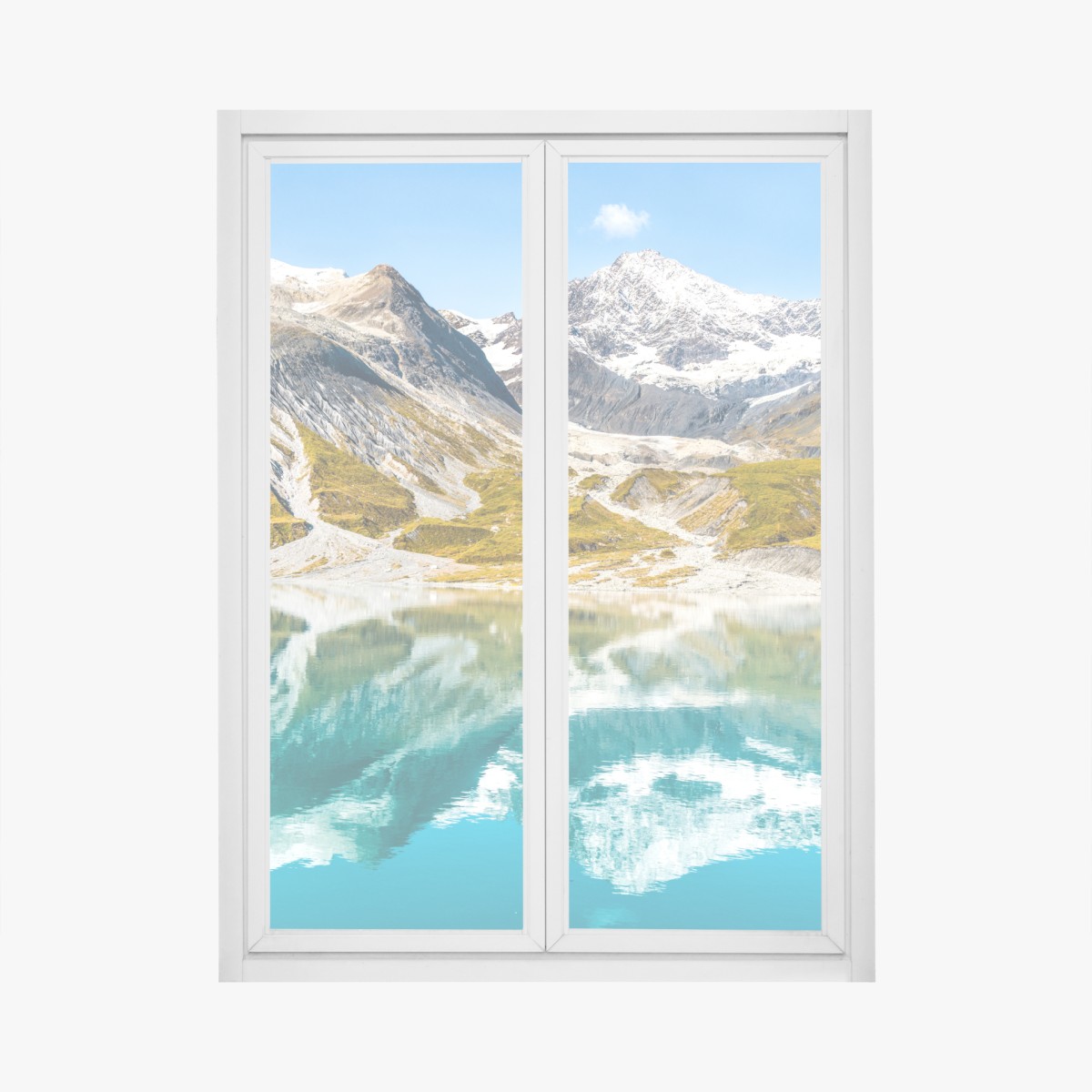 Window decal serene alpine lake with snow-capped peaks