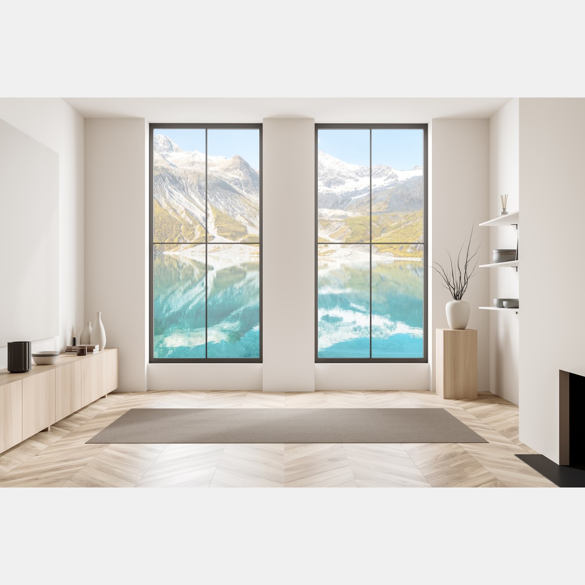 Naklejka na okno spokojne alpejskie jezioro z ośnieżonymi szczytami – Wallissimo® Naklejka na okno spokojne alpejskie jezioro z ośnieżonymi szczytami – Wallissimo®