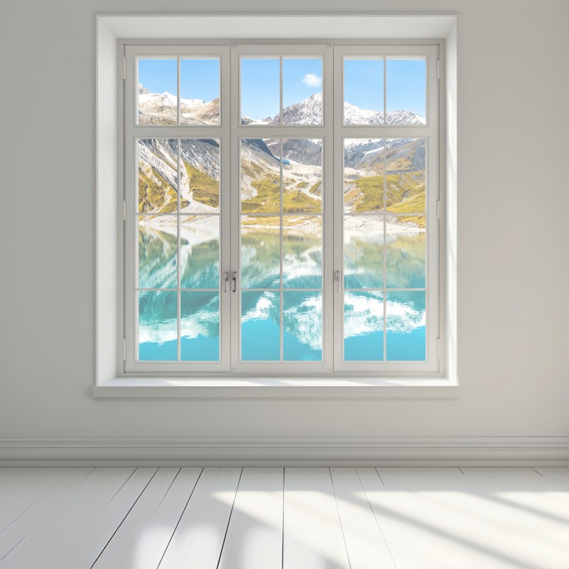 Naklejka na okno spokojne alpejskie jezioro z ośnieżonymi szczytami – Wallissimo® Naklejka na okno spokojne alpejskie jezioro z ośnieżonymi szczytami – Wallissimo®