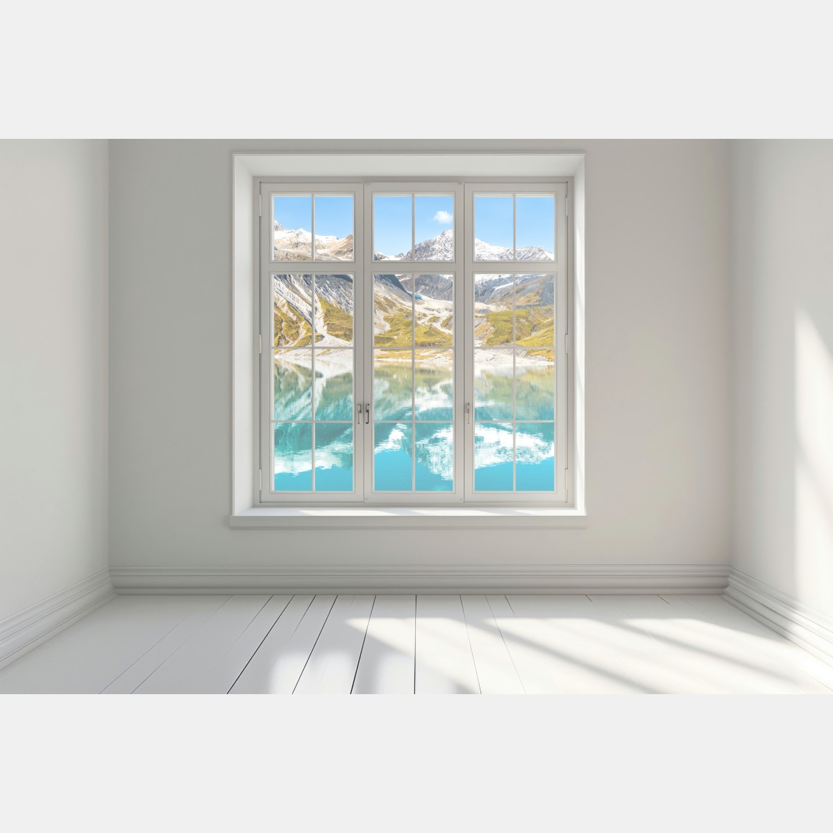 Naklejka na okno spokojne alpejskie jezioro z ośnieżonymi szczytami – Wallissimo® Naklejka na okno spokojne alpejskie jezioro z ośnieżonymi szczytami – Wallissimo®