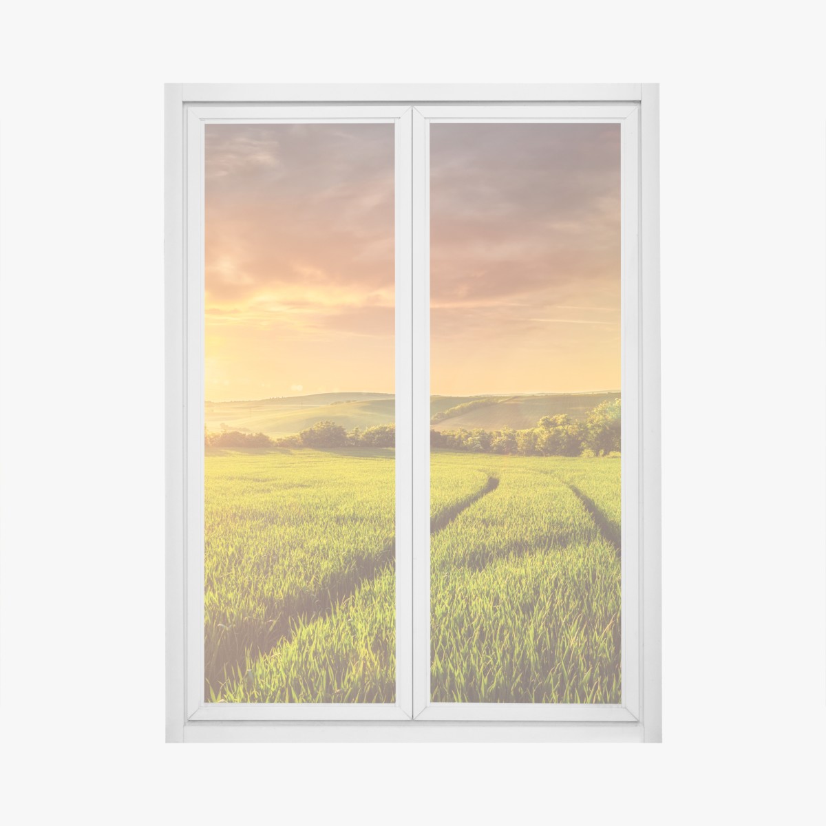 Window decal sunlit meadow at sunset
