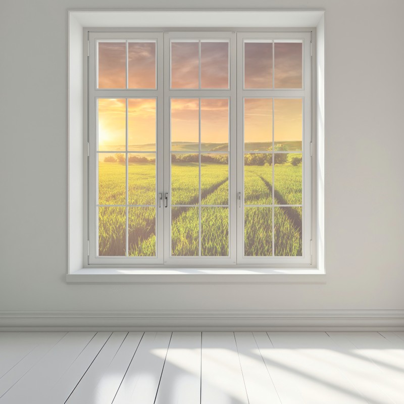 Naklejka na okno słoneczna łąka o zachodzie słońca – Wallissimo® Naklejka na okno słoneczna łąka o zachodzie słońca – Wallissimo®
