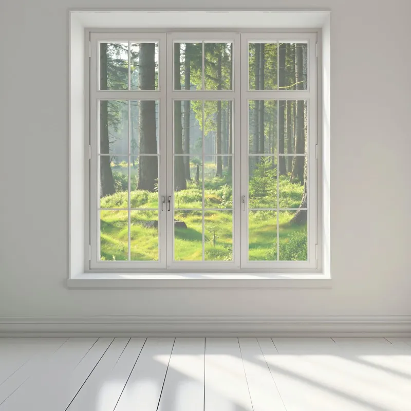 Naklejka na okno słoneczna zielona polana w lesie – Wallissimo® Naklejka na okno słoneczna zielona polana w lesie – Wallissimo®