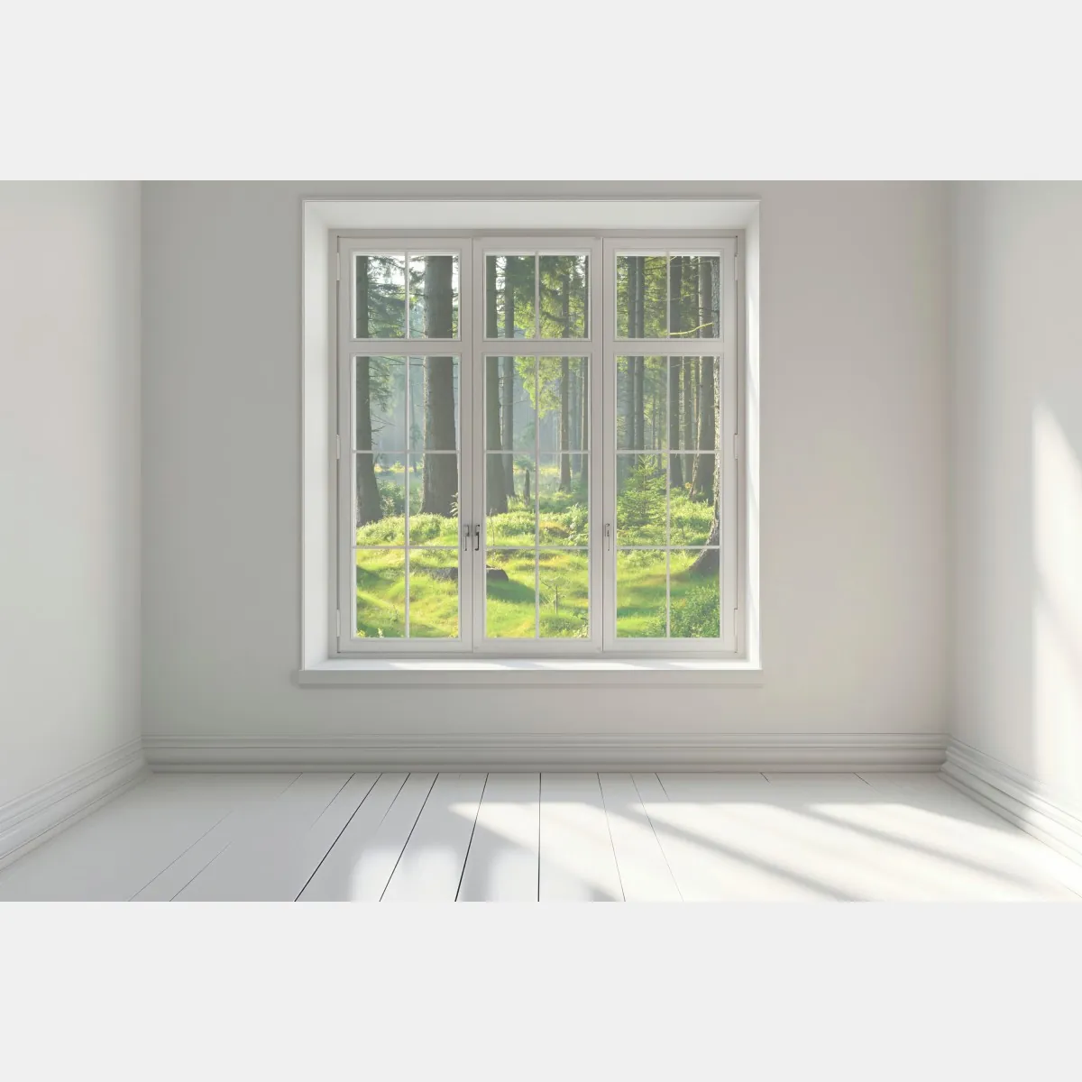 Naklejka na okno słoneczna zielona polana w lesie – Wallissimo® Naklejka na okno słoneczna zielona polana w lesie – Wallissimo®