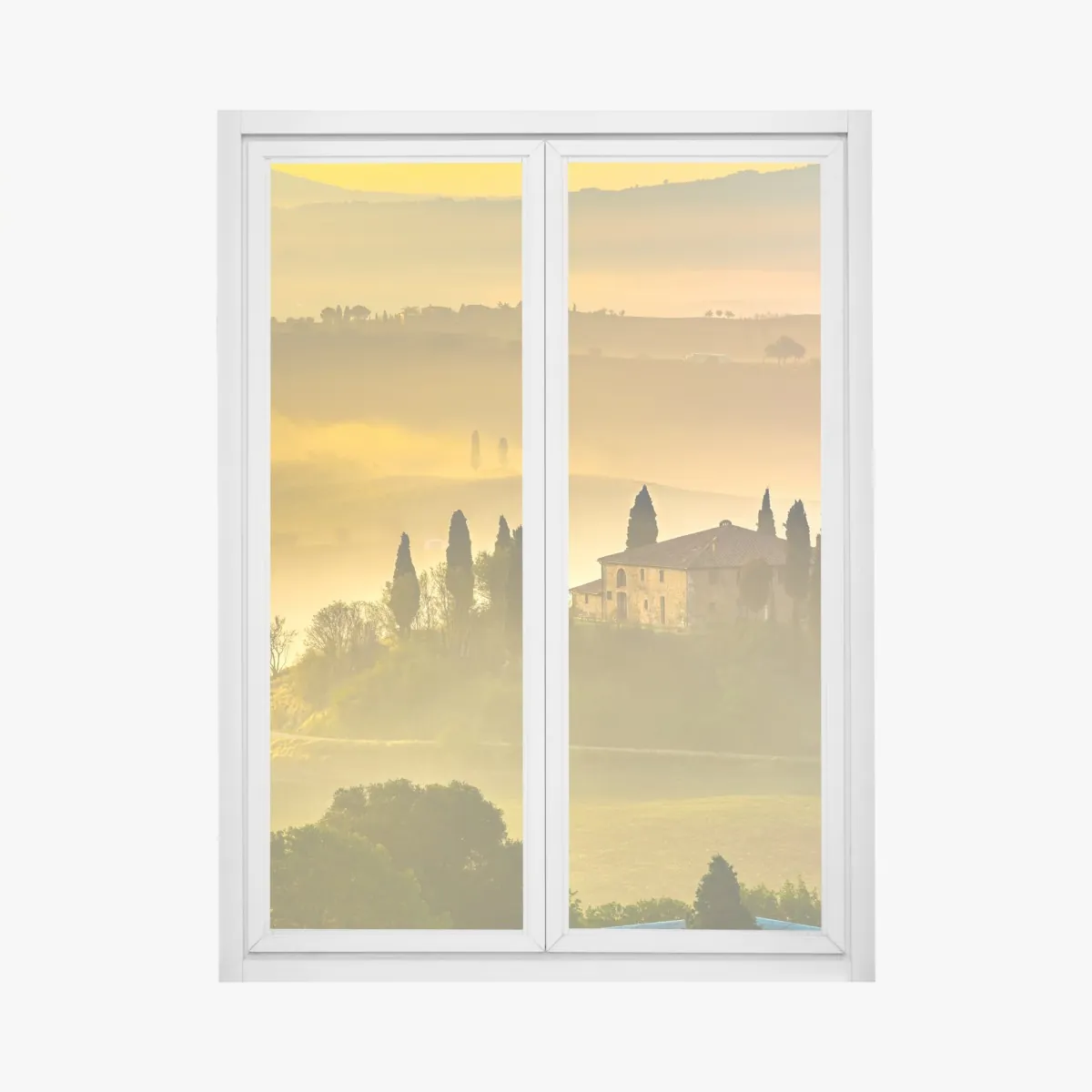 Naklejka na okno Toskania o świcie nad złotymi wzgórzami – Wallissimo® Naklejka na okno Toskania o świcie nad złotymi wzgórzami – Wallissimo®