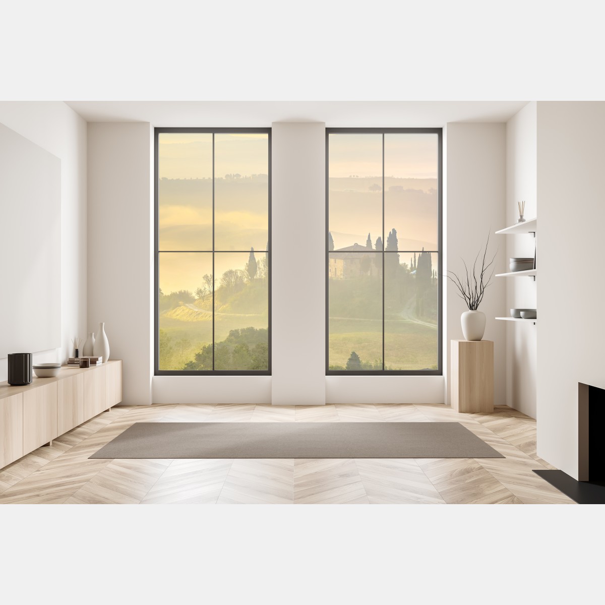 Naklejka na okno Toskania o świcie nad złotymi wzgórzami – Wallissimo® Naklejka na okno Toskania o świcie nad złotymi wzgórzami – Wallissimo®