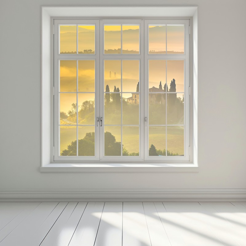 Naklejka na okno Toskania o świcie nad złotymi wzgórzami – Wallissimo® Naklejka na okno Toskania o świcie nad złotymi wzgórzami – Wallissimo®