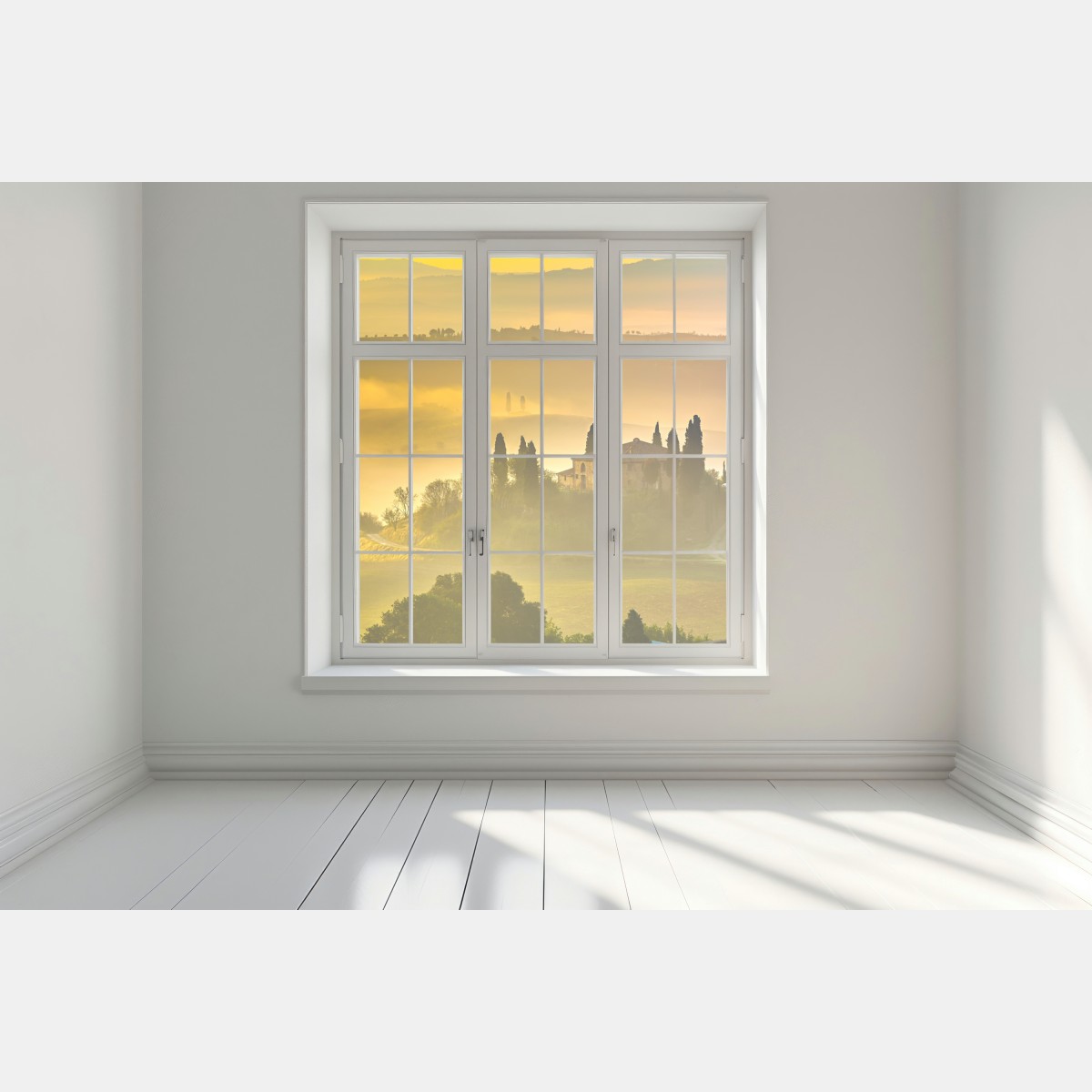Naklejka na okno Toskania o świcie nad złotymi wzgórzami – Wallissimo® Naklejka na okno Toskania o świcie nad złotymi wzgórzami – Wallissimo®