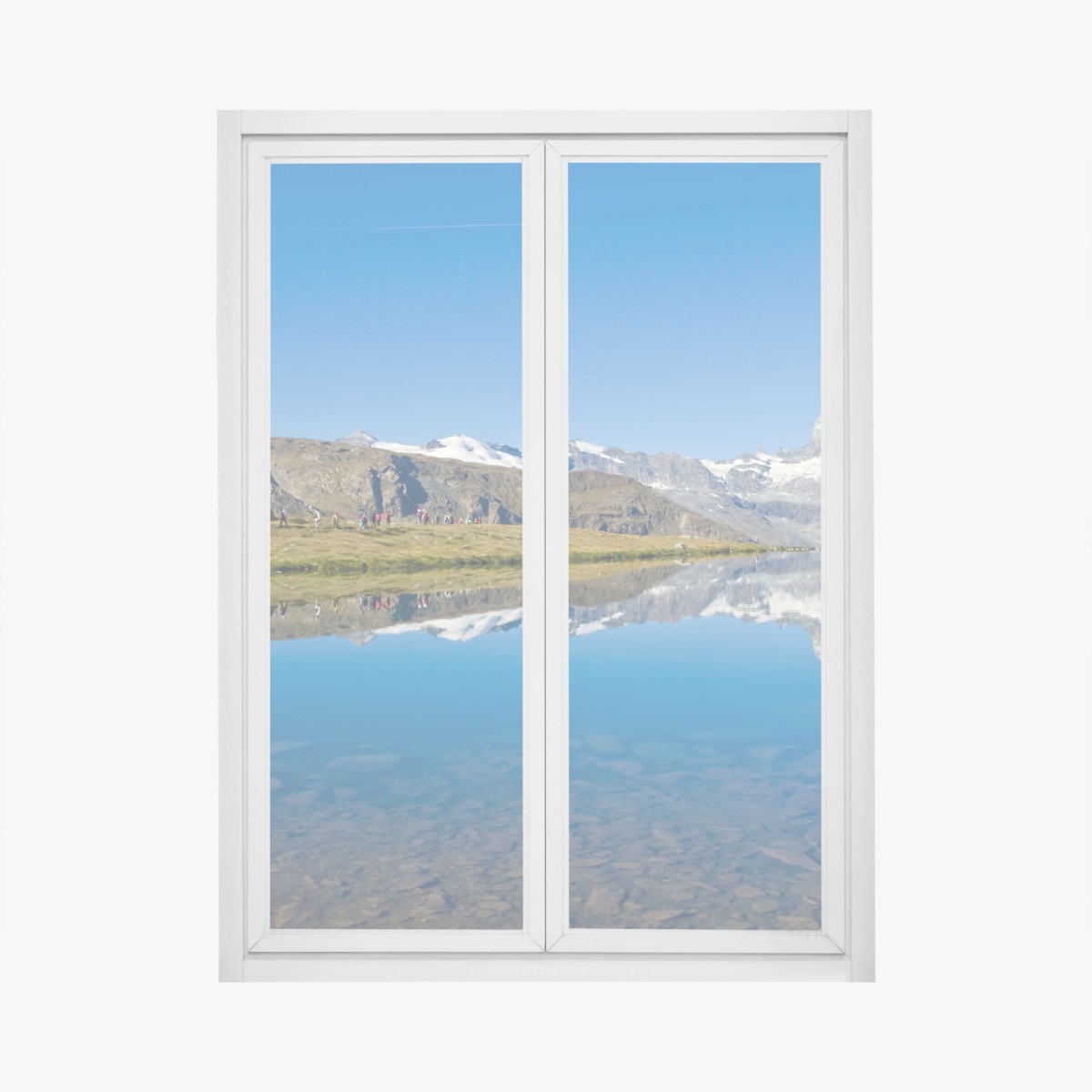 Window decal alpine mountain reflection over calm lake