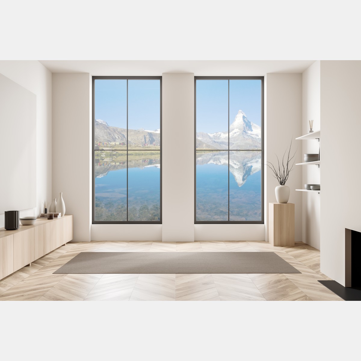 Naklejka na okno alpejskie odbicie górskie nad spokojnym jeziorem – Wallissimo® Naklejka na okno alpejskie odbicie górskie nad spokojnym jeziorem – Wallissimo®