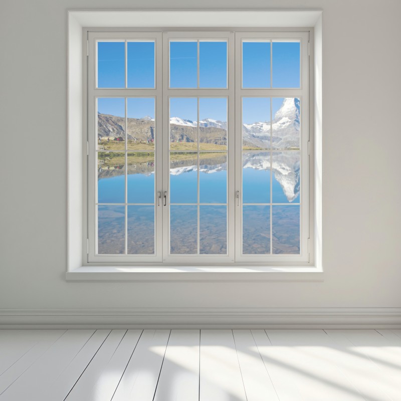 Naklejka na okno alpejskie odbicie górskie nad spokojnym jeziorem – Wallissimo® Naklejka na okno alpejskie odbicie górskie nad spokojnym jeziorem – Wallissimo®
